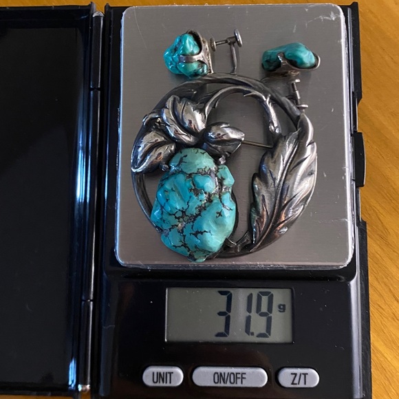 RARE: Vintage Sterling Silver Turquoise Floral Brooch + Screw-Back Earrings Set - Picture 11 of 11